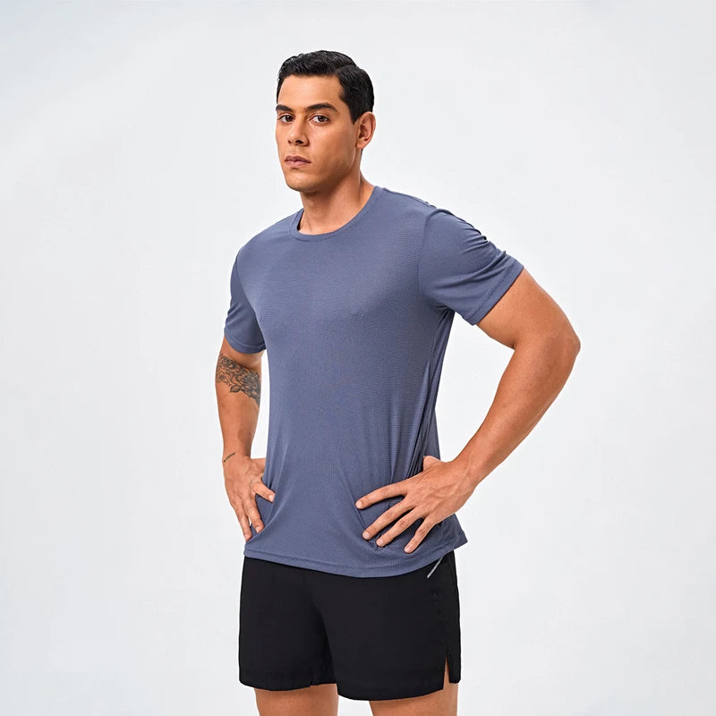 Men'S Silk Ice round Collar T-Shirt Simple Running Fitness Top Breathable Thin T-Shirt Quick Dry T-Shirt Summer