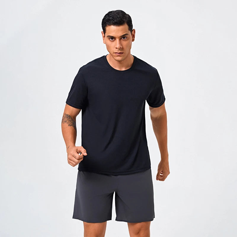 Men'S Silk Ice round Collar T-Shirt Simple Running Fitness Top Breathable Thin T-Shirt Quick Dry T-Shirt Summer